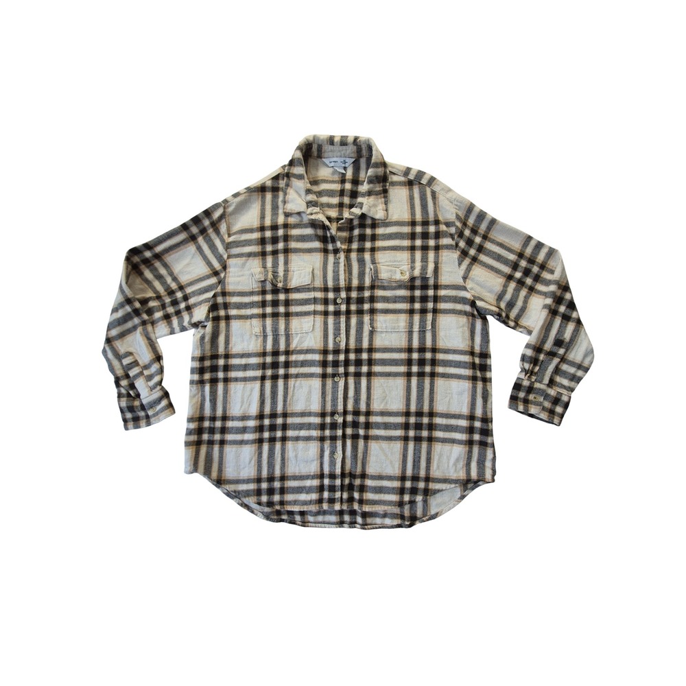 Old Navy The Boyfriend Flannel Shirt Womens Large Plaid Black Tan Cotton